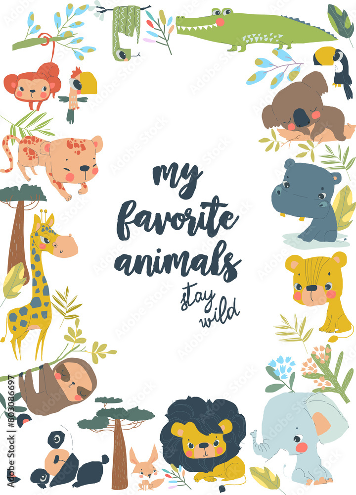 Obraz premium Vector Cartoon Frame with Cute Animals from Different Continents