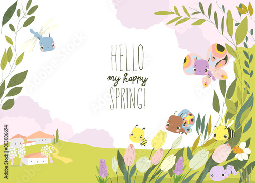 Vector Cartoon Frame with Cute Baby Insects, Spring Flowers and Plants