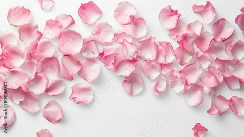 delicate pink rose petals scattered on white background floral still life photography