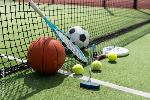 Canvas Print A variety of sports equipment including an american football, a soccer ball, a t