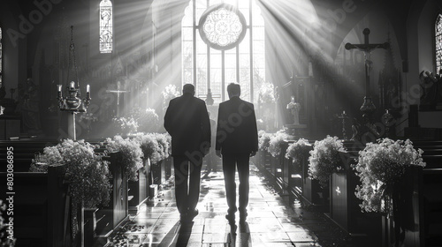 Silhouettes of two men at a funeral ceremony, funeral service in a church. Black and white image. photo