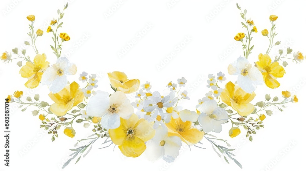 delicate watercolor wreath of yellow and white wildflowers handpainted floral illustration
