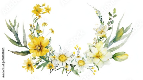 delicate watercolor wreath of yellow and white wildflowers handpainted floral illustration