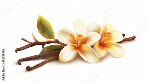 Artistic illustration of plumeria flowers with vanilla pods on a white background
