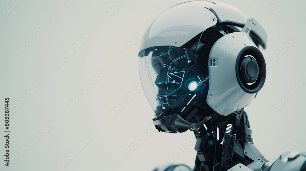 Futuristic robot with a highly detailed design and an illuminated face, set against a light background. Futuristic robot with a highly detailed design and an illuminated face, set against a light background.