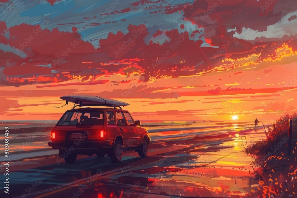 A summer road trip along a coastal road, surfboards strapped to the roof of a car, and a sunset casting warm hues over the scene