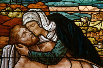 Leinwandbilder Buntglas Pietà-Glasfenster aus Mouxy Frankreich  © Joan