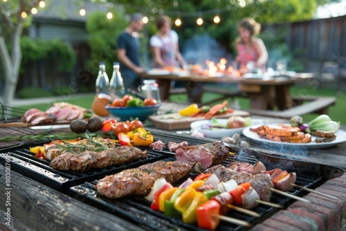 A group of friends enjoying a summer barbecue  grilling a variety of meats and vegetables  with a table set for an outdoor feast in a backyard setting