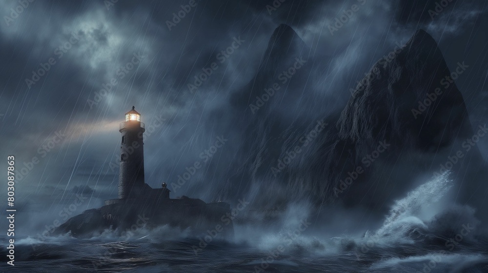 Lighthouse on a rocky island during a stormy night with heavy rain and strong waves.