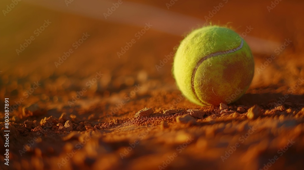 Close-up of a tennis ball on a clay court with ambient lighting.