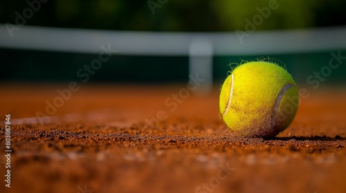 Close-up of a tennis ball on a clay court with ambient lighting. © kept