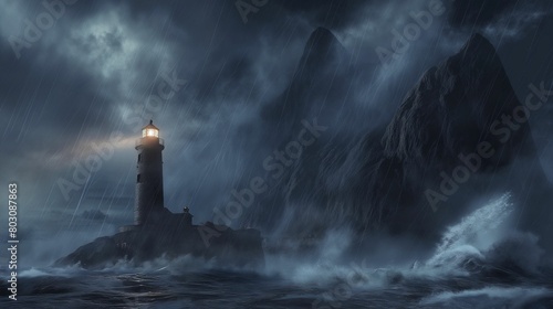 Lighthouse on a rocky island during a stormy night with heavy rain and strong waves. © kept