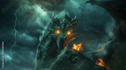 Green dragon perched on rocky cliffs under stormy sky with lightning.