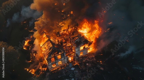 dramatic aerial view of house engulfed in raging flames fire disaster