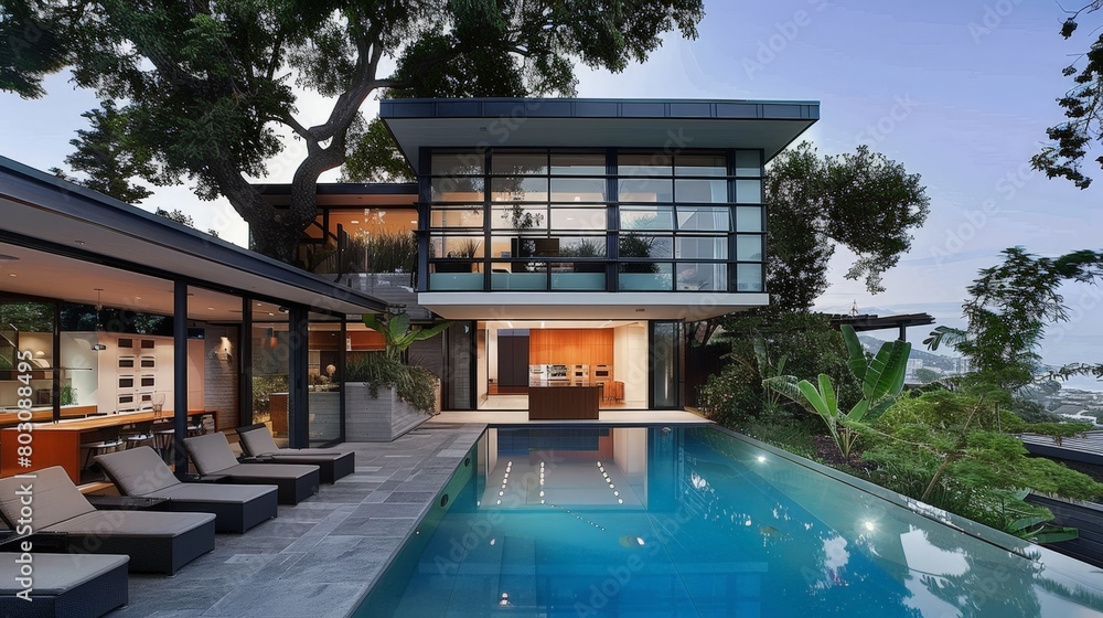 modern house exterior with swimming pool and garden