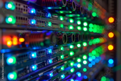 Data Center Dynamics: Colorful Server Racks with Glowing LED Lights, Network Communication, Technological Infrastructure, Advanced Computing