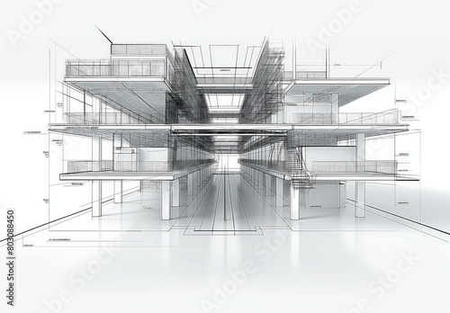 Industrial building wireframe rendering with architectural and construction details photo