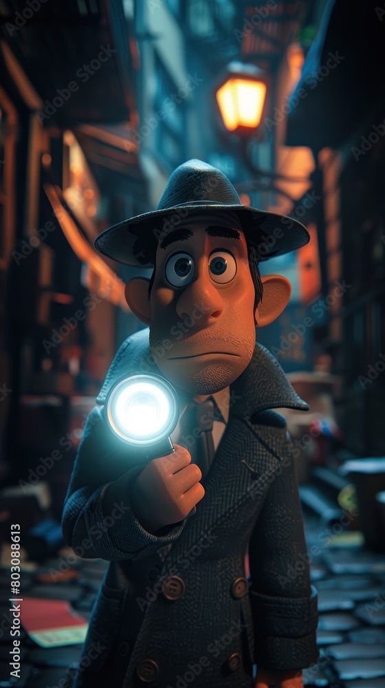 A cartoonish man in a hat and coat holding a flashlight
