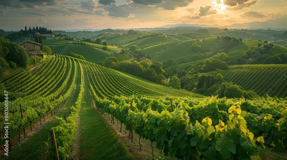 A vineyard with a house in the background