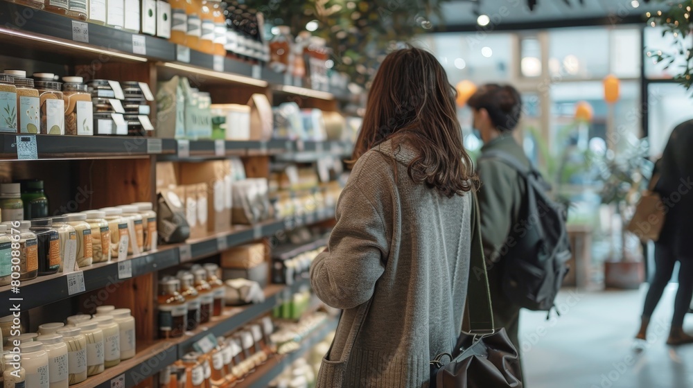 A woman is shopping in a store with a man behind her A woman is shopping in a store with a man behind her
