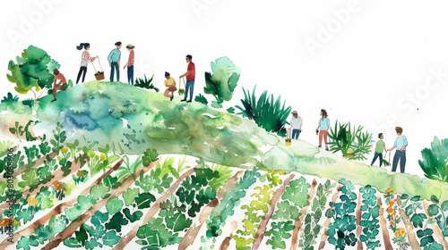 Watercolor painting of people farming, great for agricultural education themes photo