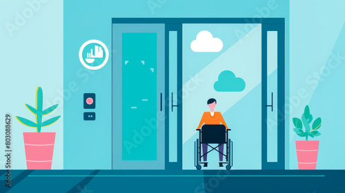 A creative flat design showing an office elevator with a wheelchair user inside, and an 'accessible' sign outside.