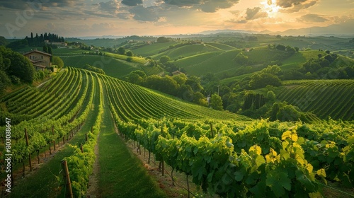 A vineyard with a house in the background