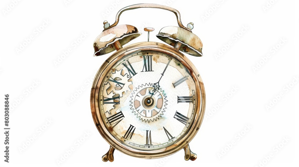 Classic alarm clock watercolor, great for time management and antique themes