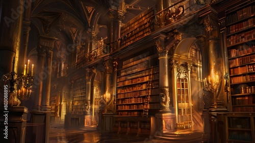 Majestic ancient library with gothic architecture and sunlight filtering through photo