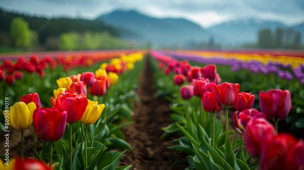 A field of red, yellow, and purple tulips
