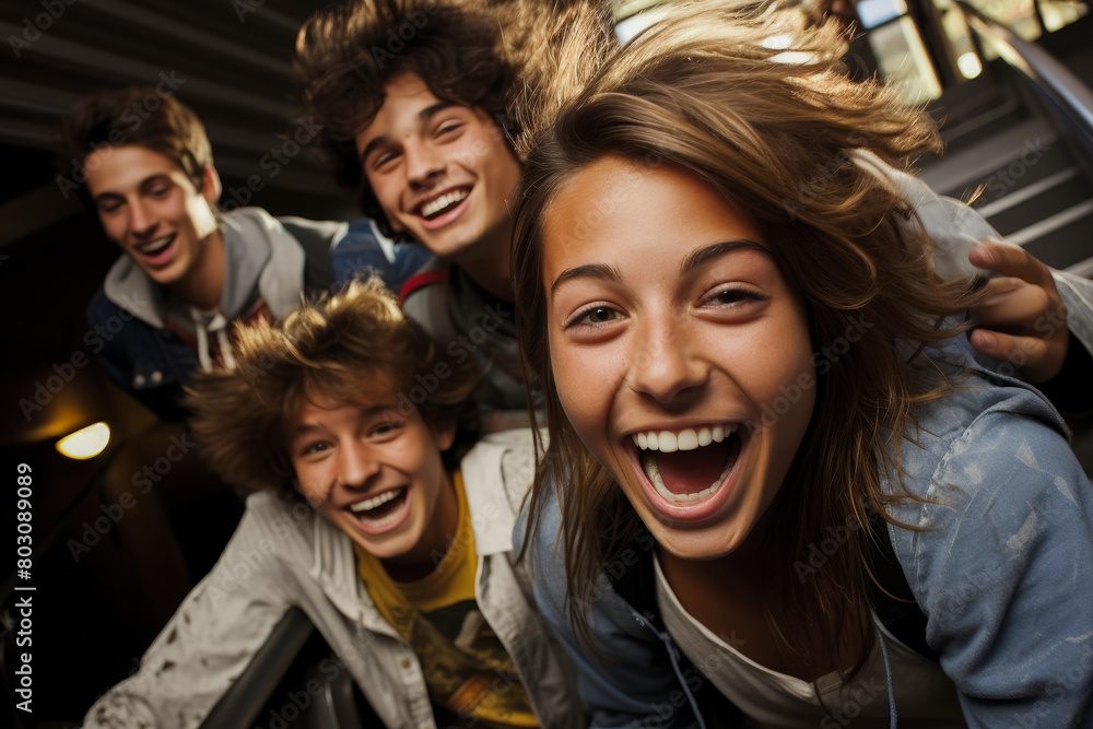 Fototapeta premium Teenagers laughing on staircase