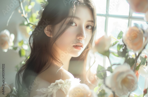 Beautiful Japanese girl in a rose garden, sunlight shining on her face