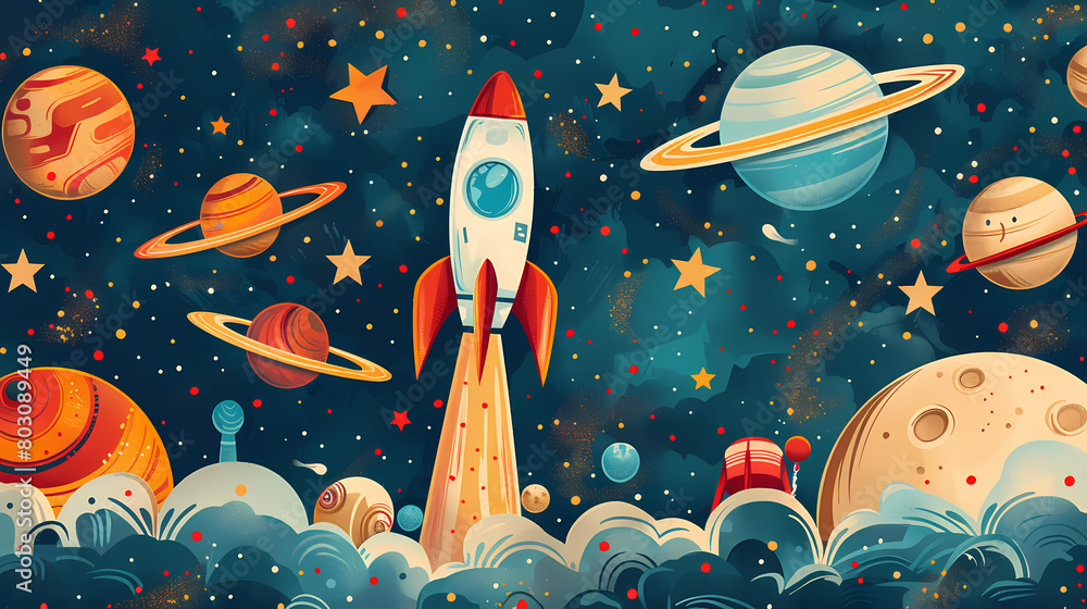 Seamless pattern with cartoon rockets blasting through a starry space with planets and moons