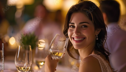 A beautiful woman is sitting at a table  holding an elegant wine glass and smiling while looking into it.