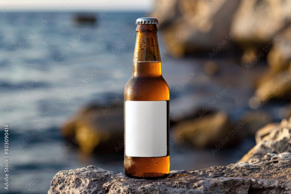 Serene Beachside With Single Beer Bottle on Rocky Shore Serene Beachside With Single Beer Bottle on Rocky Shore