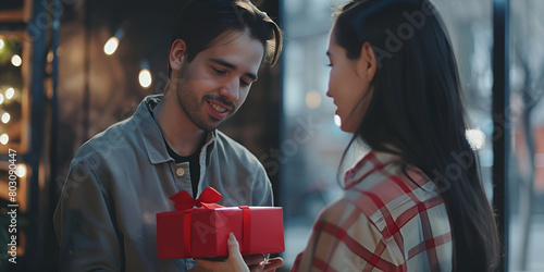 Couple in love gives each other beautifully decorated Christmas presents on Christmas Eve . Romantic Christmas Gift Exchange