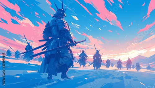 Giant samurai warriors walking on the frozen tundra. The sky is blue and pink in the anime art style.  photo