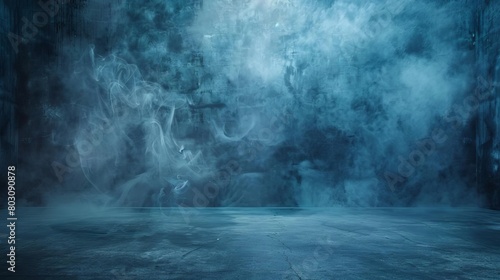 empty dark blue abstract cement wall studio with floating smoke interior photography photo