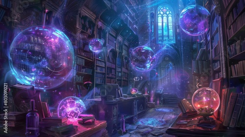 Young wizards immersed in learning at a magical academy filled with enchanted objects