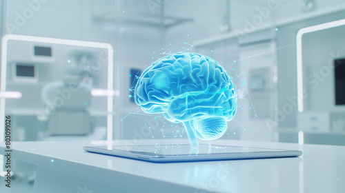 A bright, minimalistic setting featuring a large tablet displaying a vibrant blue holographic 3D brain, laid on a white table within a clean, white room symbolizing advanced healthcare technology 