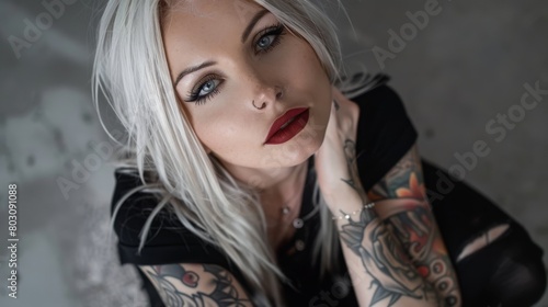 Portrait of a beautiful casual model with tattoos  piercings  red lips and white hair