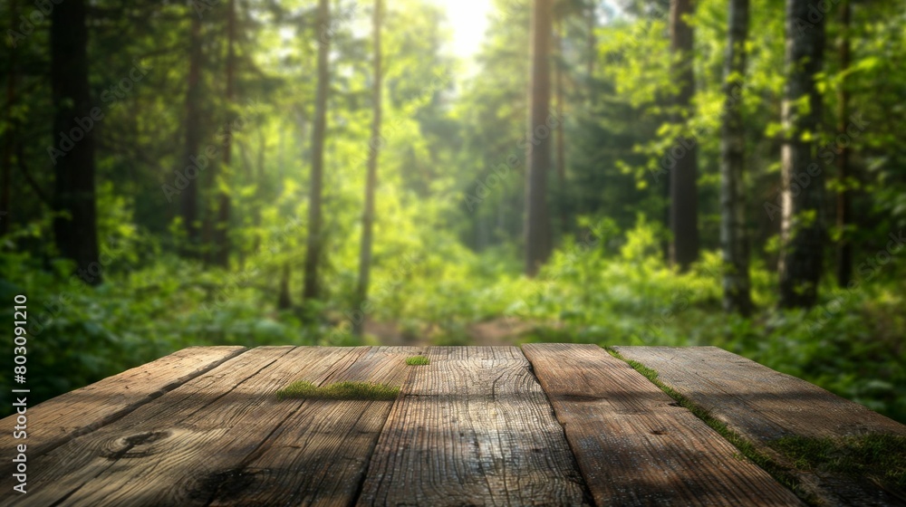 Wooden table with small plants growing in cracks over a misty forest background. Wooden table with small plants growing in cracks over a misty forest background.