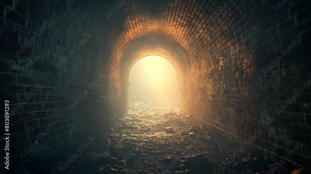 Sunlit archway of an old brick tunnel, leading to a misty exterior.