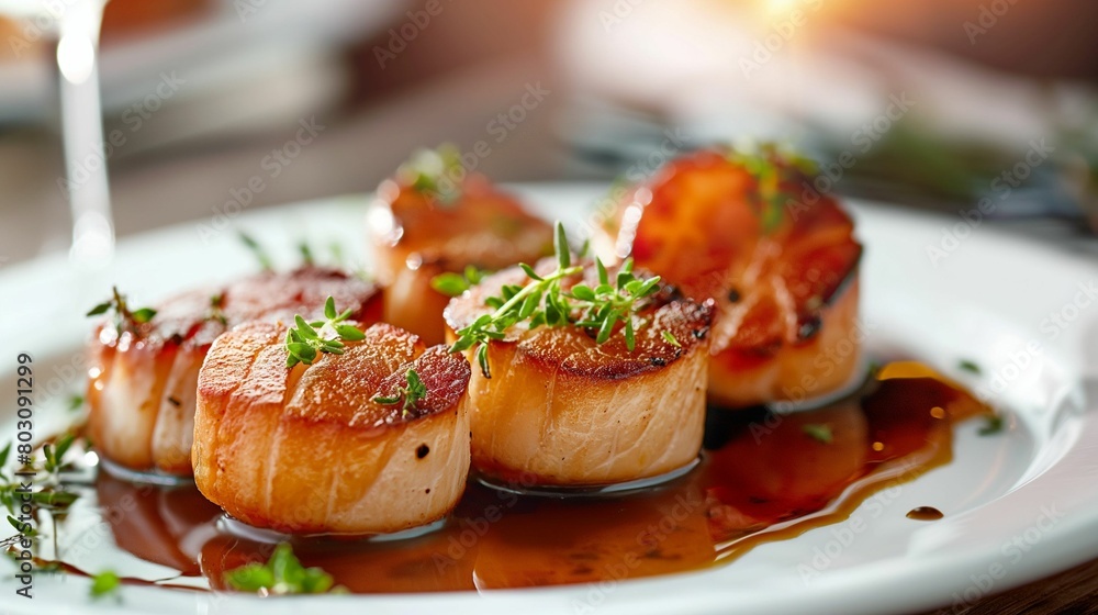 Seared scallops garnished with fresh herbs and drizzled with savory sauce on a white plate. Seared scallops garnished with fresh herbs and drizzled with savory sauce on a white plate.