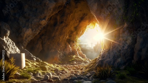 Sunlit ancient stone archway in a mystical cave with lush greenery.