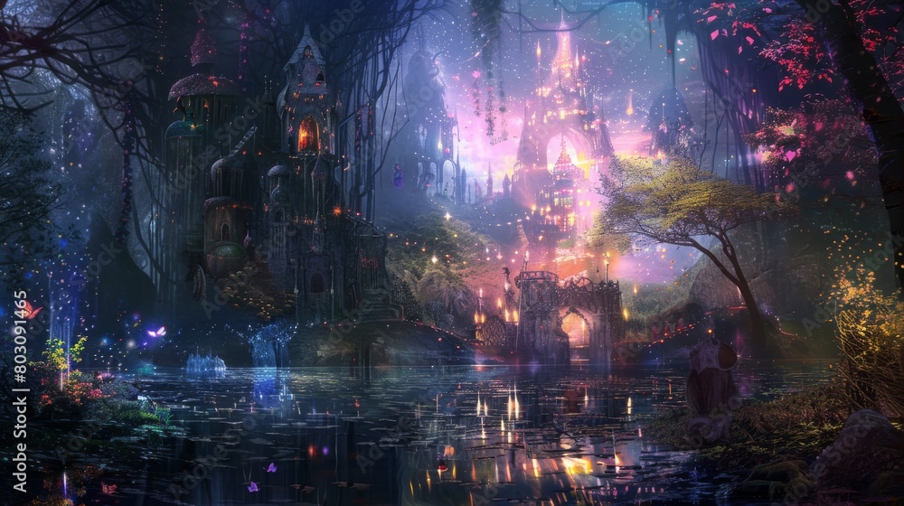 Enchanted forest kingdom with magical fairy lights and ancient architecture