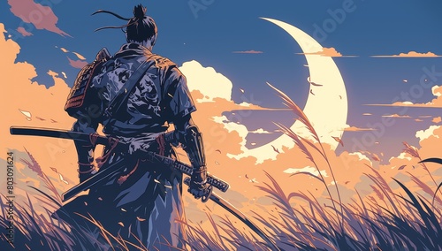 Samurai with his back turned holding a katana stands on grassland looking at distant clouds and sky. He wears a gray kimono with a dark orange patterned skintight armor. Huge moon in the background . photo