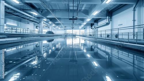 Modern industrial water treatment facility interior with large pools, metallic structures, and reflective surfaces.