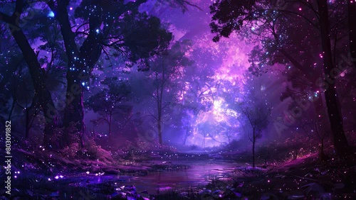 Fantasy magical landscape forest with blue and purple, Digital art. fairy in the forest. Animation fantasy landscape. For calm and relax music video.