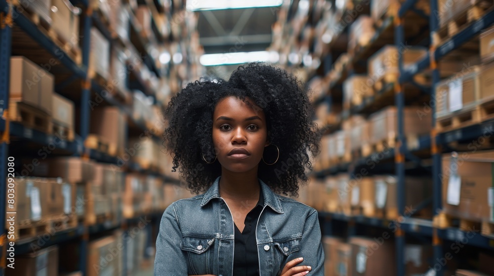Portrait of a young woman in a big warehouse with shelves full of boxes. 